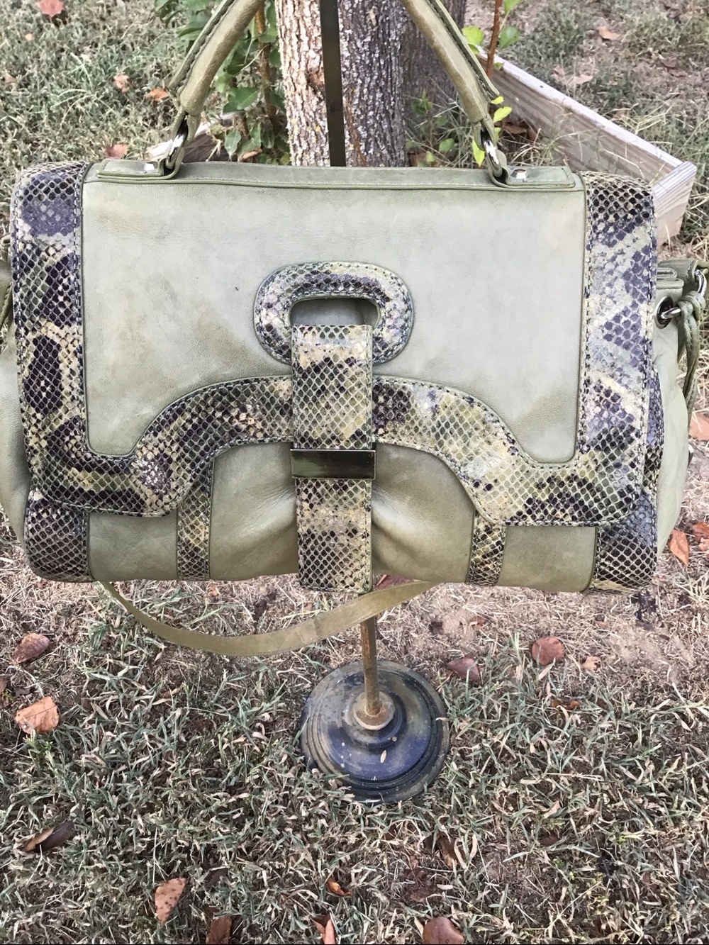 Botkier Weathered Olive Green Snake-Trim Top Handle Leather Shoulder Strap Bag